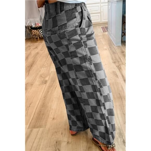 Dark Grey Checkered Light Washed Wide Leg Jeans - Picture 2 of 16